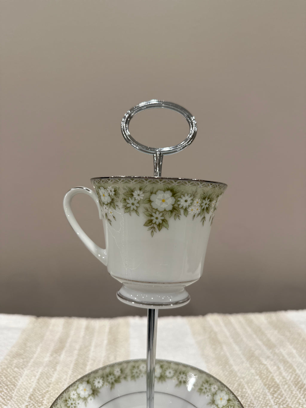 Vintage Two-Tier Plate Stand - Green and White Florals with Silver Hardware