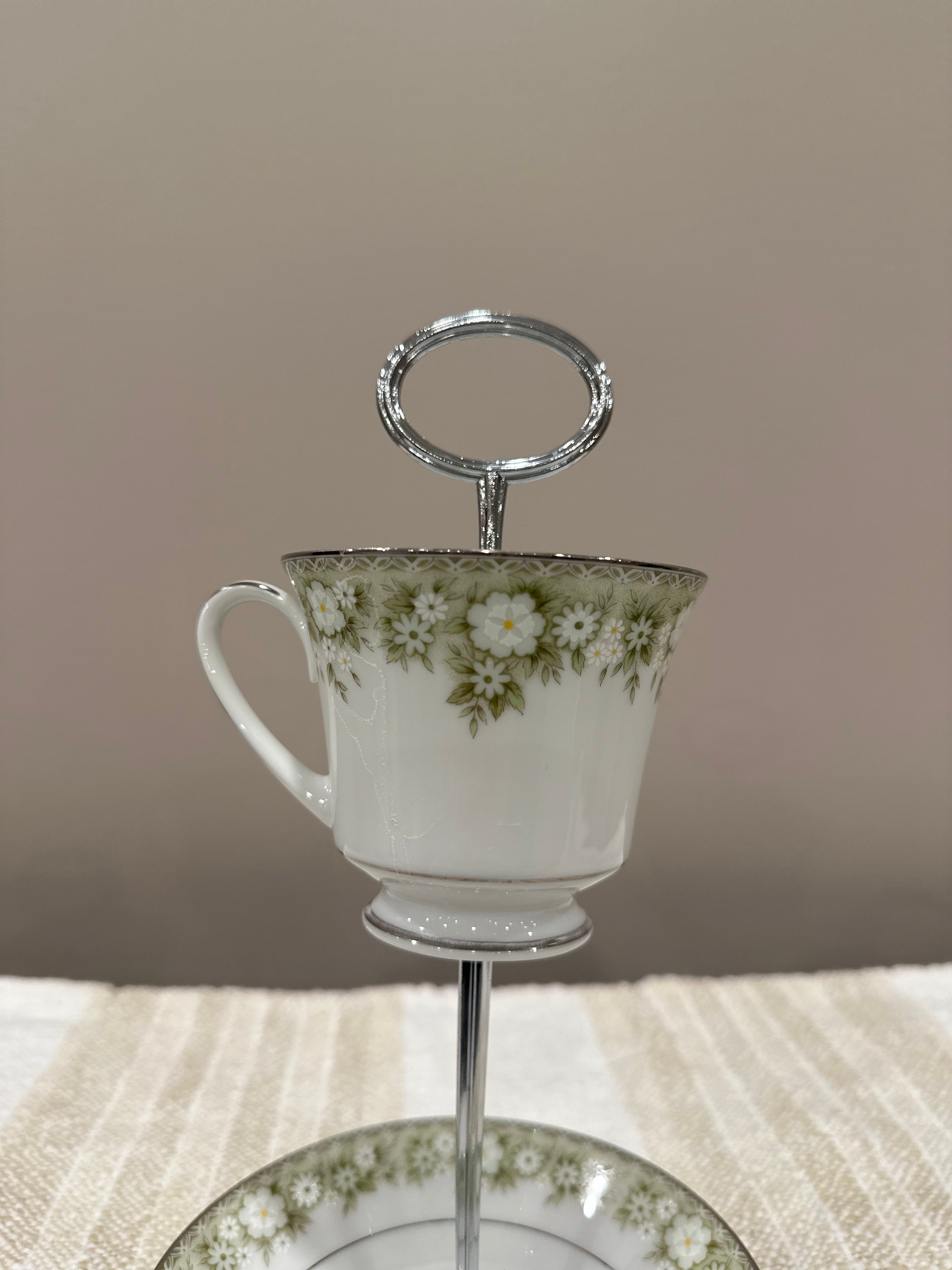 Vintage Two-Tier Plate Stand - Green and White Florals with Silver Hardware
